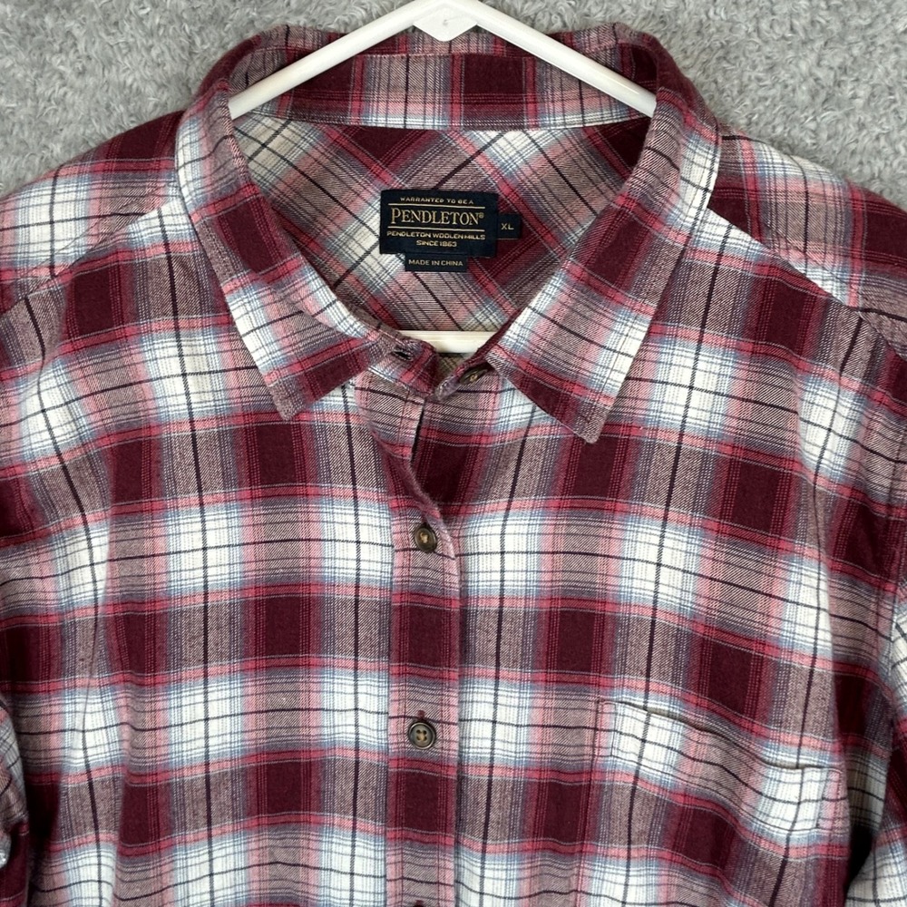 Pendleton Womens XL Plaid Button Down Shirt Burgundy White Cotton Long Sleeve